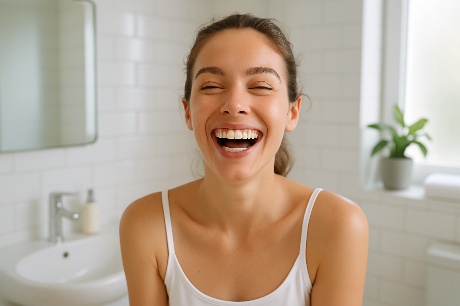 Happy Girl laughing with clear skin in bathroom